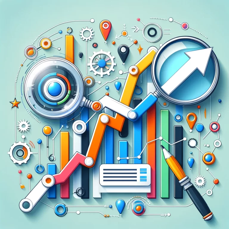 Illustration graphique colorée représentant le concept de rédaction SEO optimisée, avec des éléments comme un graphique en hausse, une loupe, des nœuds interconnectés et des flèches directionnelles.