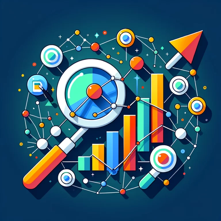 Illustration graphique colorée représentant comment utiliser Google Ads pour promouvoir des produits spécifiques, avec des éléments comme un graphique en hausse, une loupe, des nœuds interconnectés et des flèches directionnelles.
