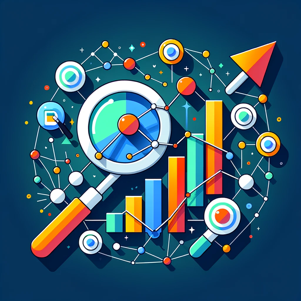 Illustration graphique colorée représentant comment utiliser Google Ads pour promouvoir des produits spécifiques, avec des éléments comme un graphique en hausse, une loupe, des nœuds interconnectés et des flèches directionnelles.