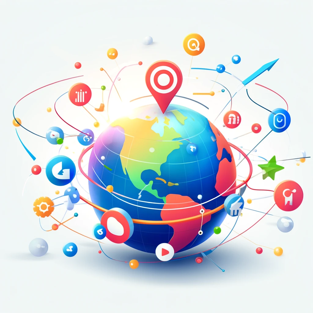 Illustration graphique colorée représentant comment 'utiliser Google Ads pour cibler les clients internationaux, avec des éléments comme un globe, des nœuds interconnectés et des flèches directionnelles.