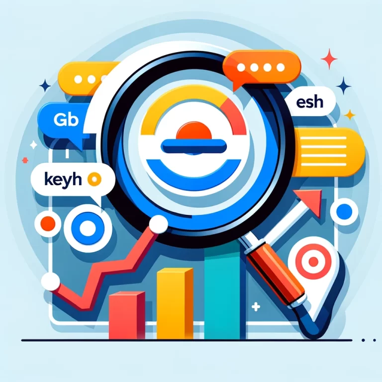 Illustration graphique colorée représentant le concept de comment choisir les bons mots clés pour ma campagne Google Ads, avec des éléments comme une loupe, des mots clés, un symbole de cible et un graphique en hausse.