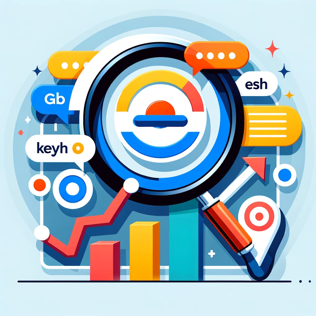 Illustration graphique colorée représentant le concept de comment choisir les bons mots clés pour ma campagne Google Ads, avec des éléments comme une loupe, des mots clés, un symbole de cible et un graphique en hausse.