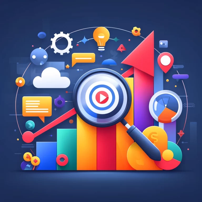 Illustration graphique colorée représentant le concept de comment créer une campagne Google Ads rentable, avec des éléments comme des graphiques en hausse, une loupe, des mots clés et des icônes de conversion.