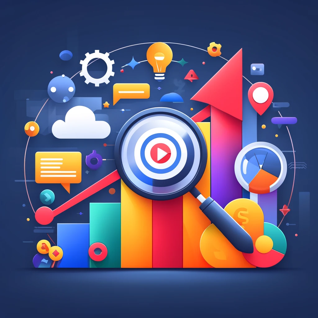 Illustration graphique colorée représentant le concept de comment créer une campagne Google Ads rentable, avec des éléments comme des graphiques en hausse, une loupe, des mots clés et des icônes de conversion.