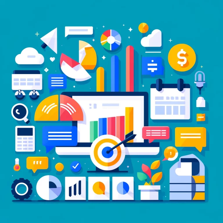 Illustration graphique colorée représentant quelles sont les meilleures stratégies d'enchères pour Google Ads, avec des éléments comme des graphiques de performance, des icônes de budget et des publicités en ligne.