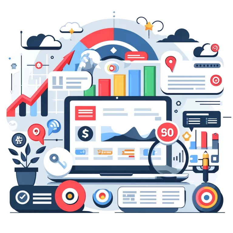 Illustration graphique colorée représentant comment utiliser Google Ads pour augmenter le trafic de mon site Web, avec des éléments comme des graphiques de performance, des icônes de budget et des publicités en ligne.