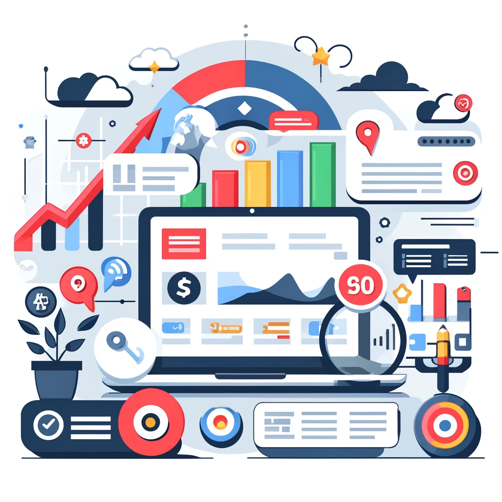 Illustration graphique colorée représentant comment utiliser Google Ads pour augmenter le trafic de mon site Web, avec des éléments comme des graphiques de performance, des icônes de budget et des publicités en ligne.