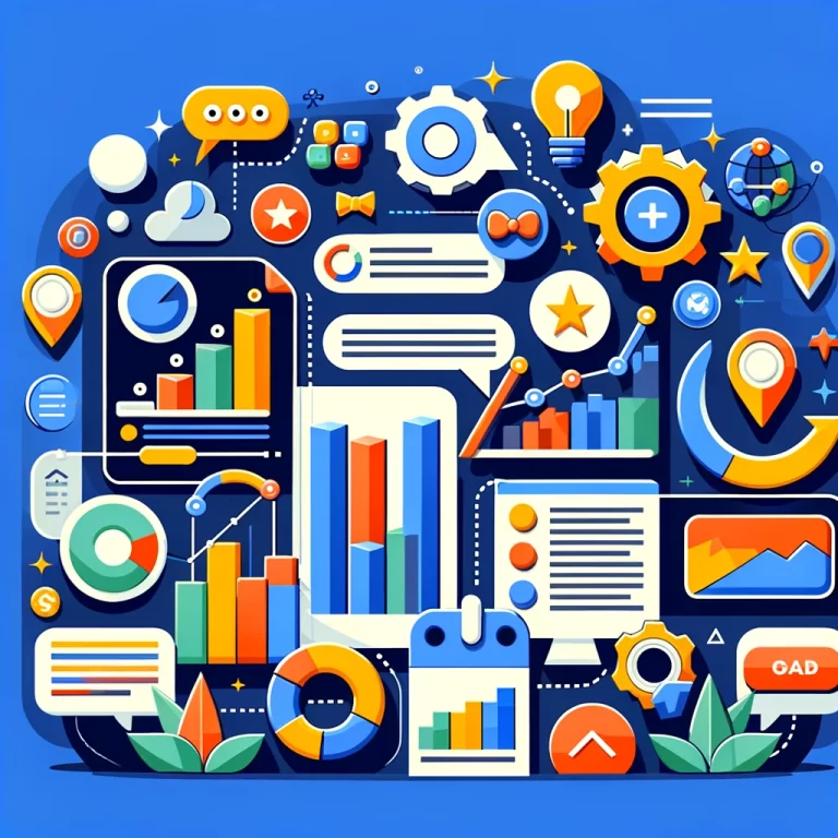 Illustration graphique colorée représentant Comment améliorer la qualité de mon annonce Google Ads, avec des éléments comme des graphiques de performance, des icônes de mots clés et des appels à l'action.