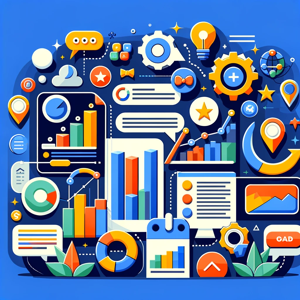 Illustration graphique colorée représentant Comment améliorer la qualité de mon annonce Google Ads, avec des éléments comme des graphiques de performance, des icônes de mots clés et des appels à l'action.