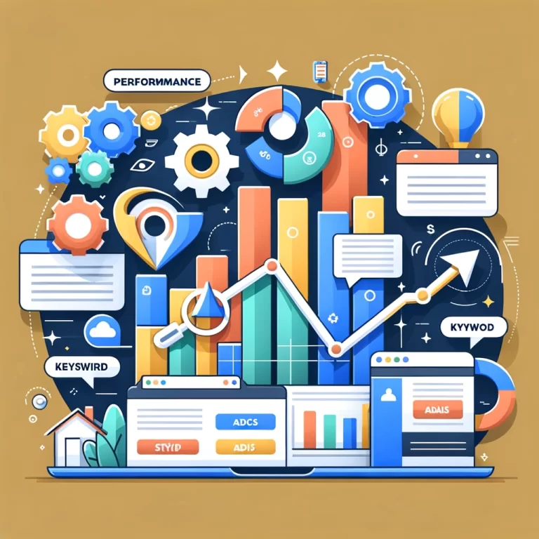 Illustration graphique colorée représentant Comment utiliser Google Ads pour promouvoir un nouveau produit ou service, incluant des éléments comme des graphiques de performance, des icônes de mots clés et des publicités en ligne.