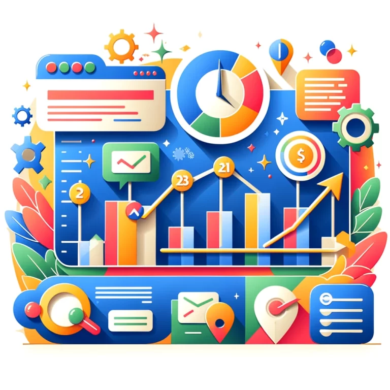 Illustration graphique colorée représentant Comment suivre les conversions sur Google Ads, incluant des éléments comme des graphiques de performance, des icônes de suivi et des actions de conversion.