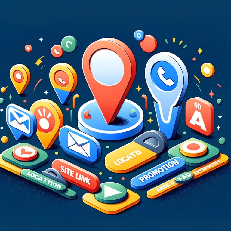 Illustration graphique colorée représentant Comment utiliser les extensions d'annonce Google Ads pour améliorer mes résultats, incluant des éléments comme des icônes de lieu, d'appel, de site lié, et de promotion.