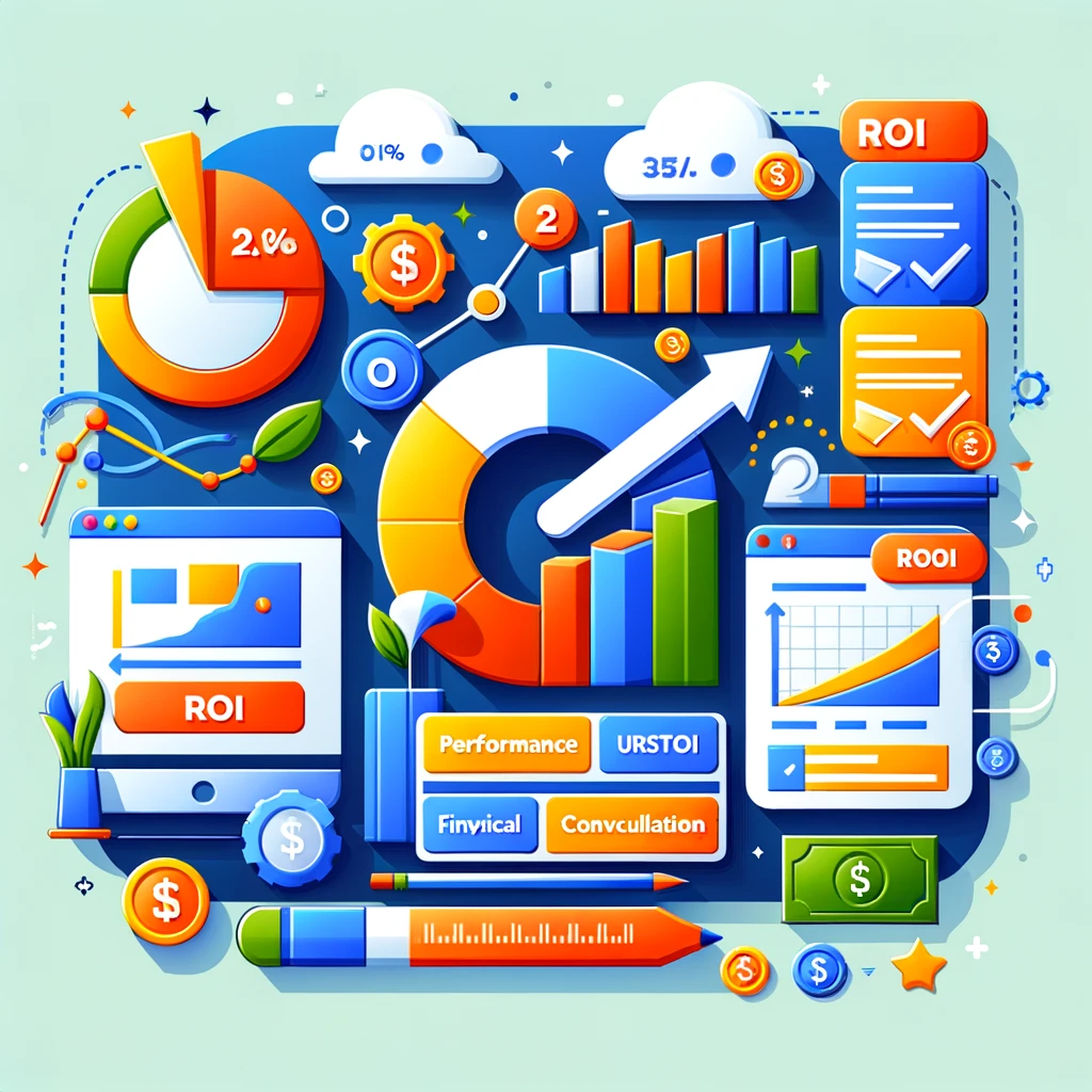 Illustration graphique colorée représentant Comment mesurer le retour sur investissement (ROI) de ma campagne Google Ads, incluant des éléments comme des graphiques de performance, des calculs de conversion et des analyses financières.