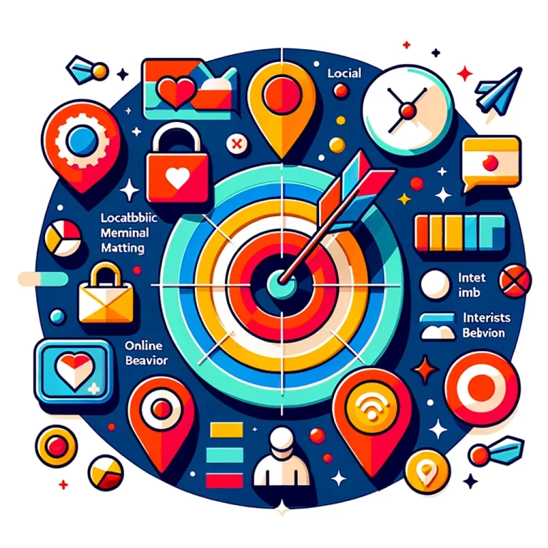 Illustration graphique colorée représentant Comment cibler les audiences sur Google Ads, incluant des éléments comme des icônes de localisation, démographie, centres d'intérêt et comportement en ligne