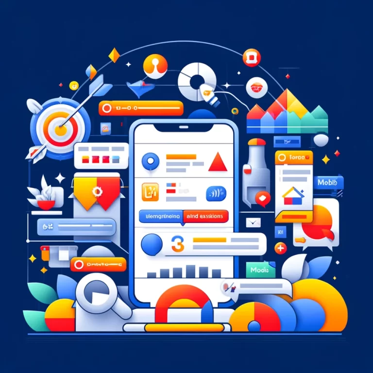 Illustration graphique colorée représentant Comment optimiser mes annonces pour les mobiles sur Google Ads, incluant des éléments comme des icônes de site web mobile-friendly, extensions d'annonces, et mots clés spécifiques aux mobiles