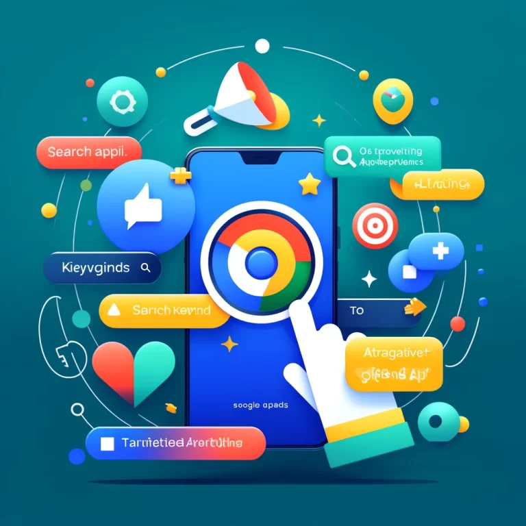 Illustration graphique colorée représentant Comment utiliser Google Ads pour promouvoir mon application mobile, incluant des éléments comme des icônes de recherche, des mots-clés, et des annonces attrayantes.