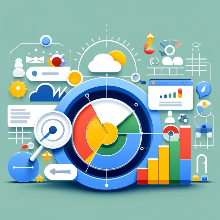 Illustration graphique colorée représentant Comment fonctionne le réseau de recherche Google Ads, incluant des éléments comme des enchères, des notations de qualité, et des options de ciblage avancées.