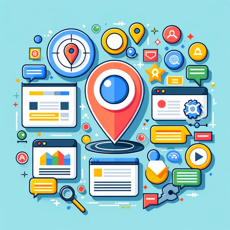 Illustration graphique colorée représentant Comment utiliser Google Ads pour promouvoir mon entreprise locale, incluant des éléments comme des icônes de géolocalisation, de mots clés, et d'annonces pertinentes.