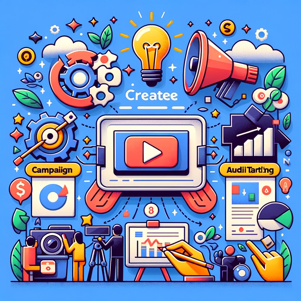 Illustration graphique colorée représentant Comment créer une annonce vidéo sur Google Ads, incluant des éléments comme la création de campagne, le ciblage de l'audience et la définition du budget.
