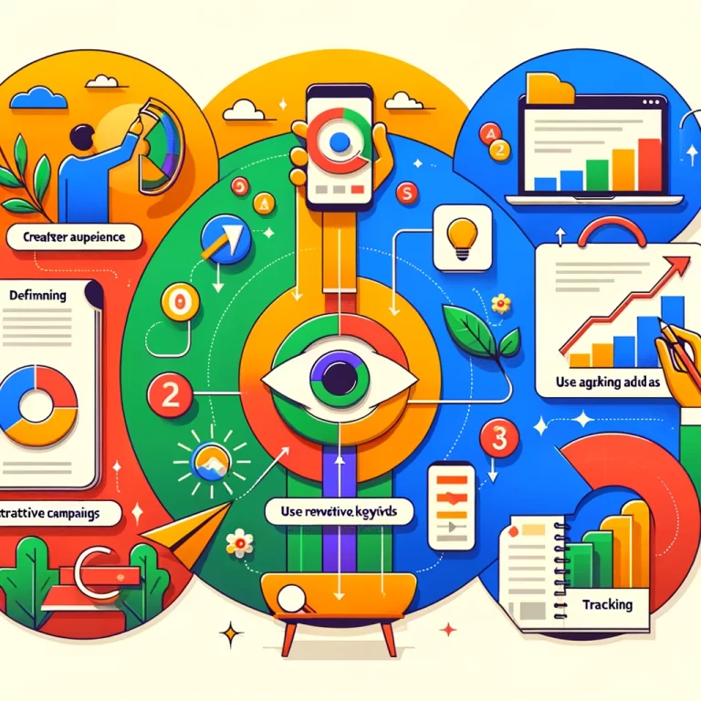 Illustration graphique représentant Comment utiliser Google Ads pour promouvoir un événement, incluant la définition du public cible, la création de campagnes et d'annonces attrayantes, l'utilisation de mots-clés pertinents, et le suivi des performances.