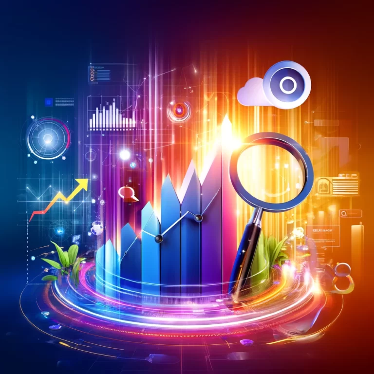 Illustration colorée et moderne représentant le concept d'obtenir des résultats SEO, avec un graphique en hausse, une loupe et des éléments numériques comme des icônes de moteurs de recherche et des graphiques.