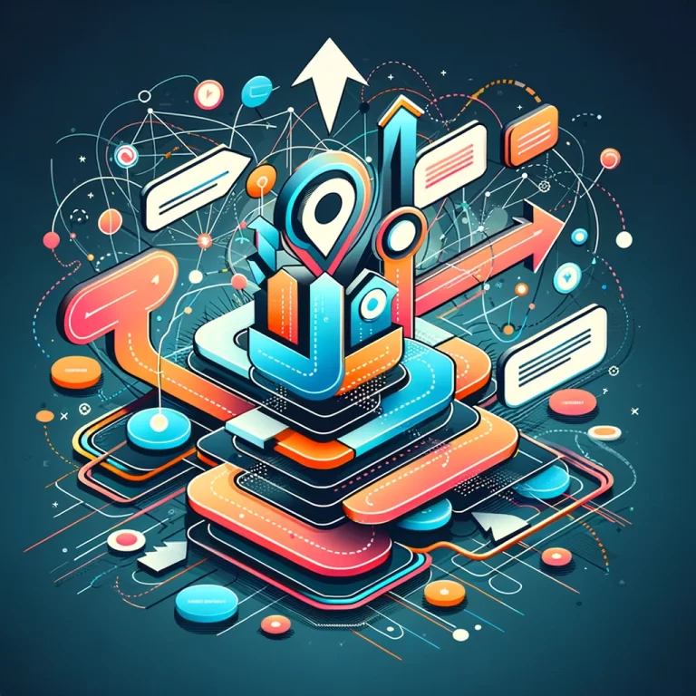 Illustration graphique colorée représentant le concept d'établir une structure de navigation, avec des éléments abstraits comme des nœuds interconnectés, des chemins et des flèches directionnelles.