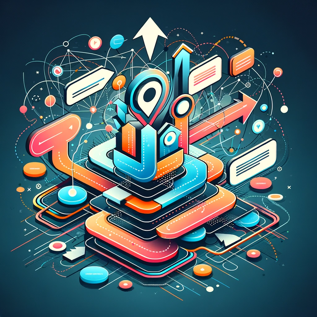 Illustration graphique colorée représentant le concept d'établir une structure de navigation, avec des éléments abstraits comme des nœuds interconnectés, des chemins et des flèches directionnelles.