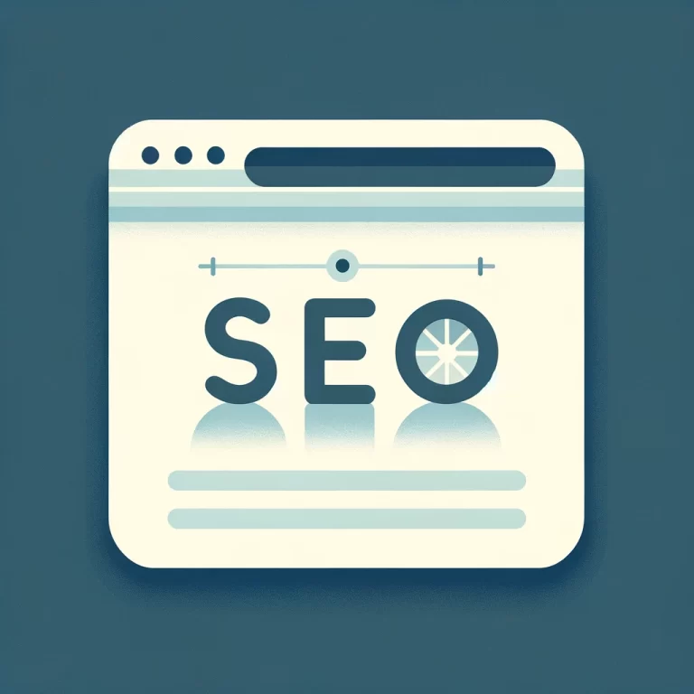 Illustration en design plat minimaliste montrant le mot 'SEO' en gros caractères, symbolisant les optimisations du footer pour le SEO sur un site web