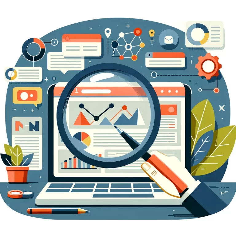 Illustration en design plat représentant l'utilisation des N-grammes en SEO, avec une loupe sur une page web, des mots-clés en surbrillance et des représentations graphiques des tendances de recherche et d'analyse de données.