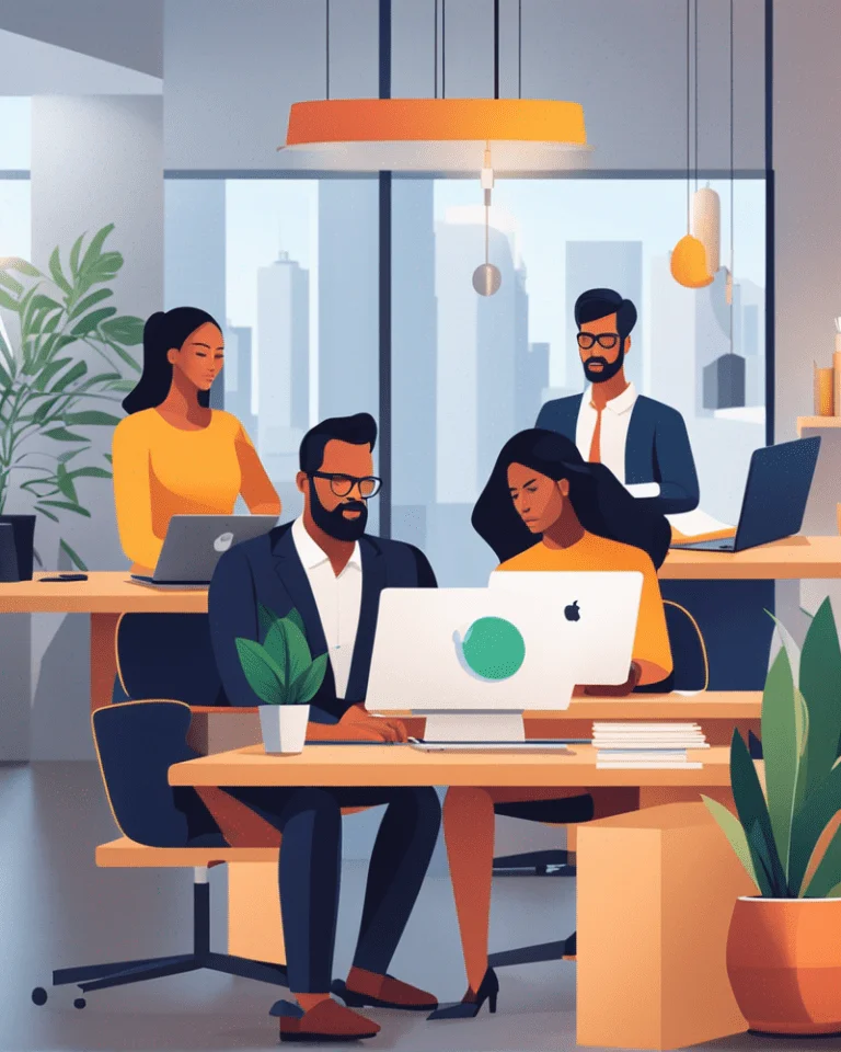 Illustration d'une équipe travaillant ensemble autour d'un ordinateur