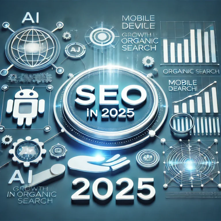 illustration futuriste sans texte représentant le SEO en 2025, avec des icônes d'IA, de dispositifs mobiles et de croissance en recherche organique.