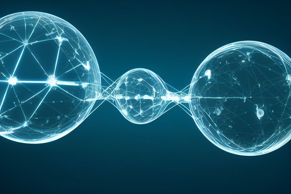 Sphères numériques modernes interconnectées par des lignes lumineuses, présentant un concept de réseau futuriste.