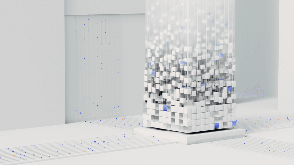 Rendu 3D abstrait visualisant l'intelligence artificielle et les réseaux neuronaux sous forme numérique.