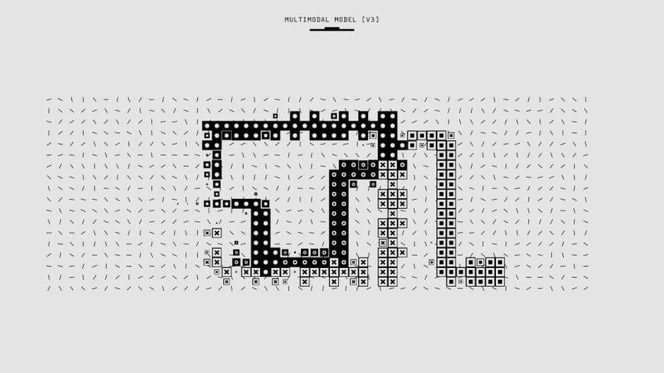 Représentation abstraite d'un modèle multimodal avec des motifs vectorisés et des symboles en monochrome.