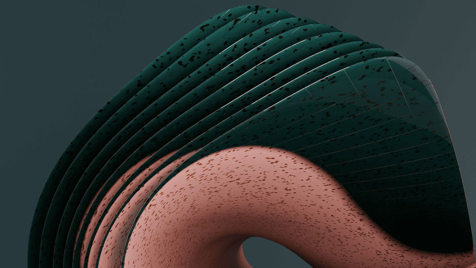 Image abstraite 3D présentant une forme spirale avec des tons vert foncé et brun terrestre, texture et motif.