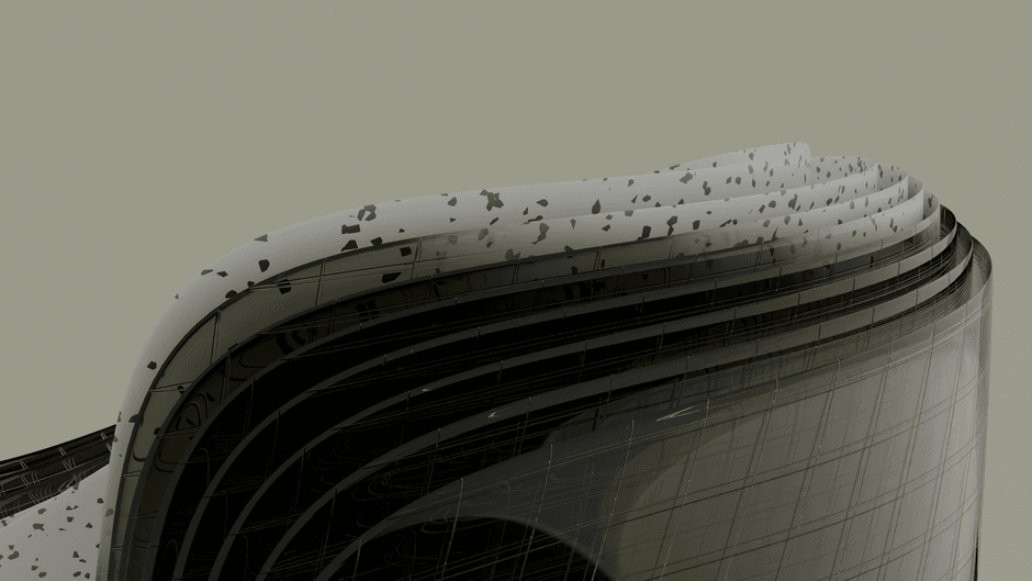 Design innovant de bâtiment abstrait avec des courbes élégantes et une esthétique futuriste.