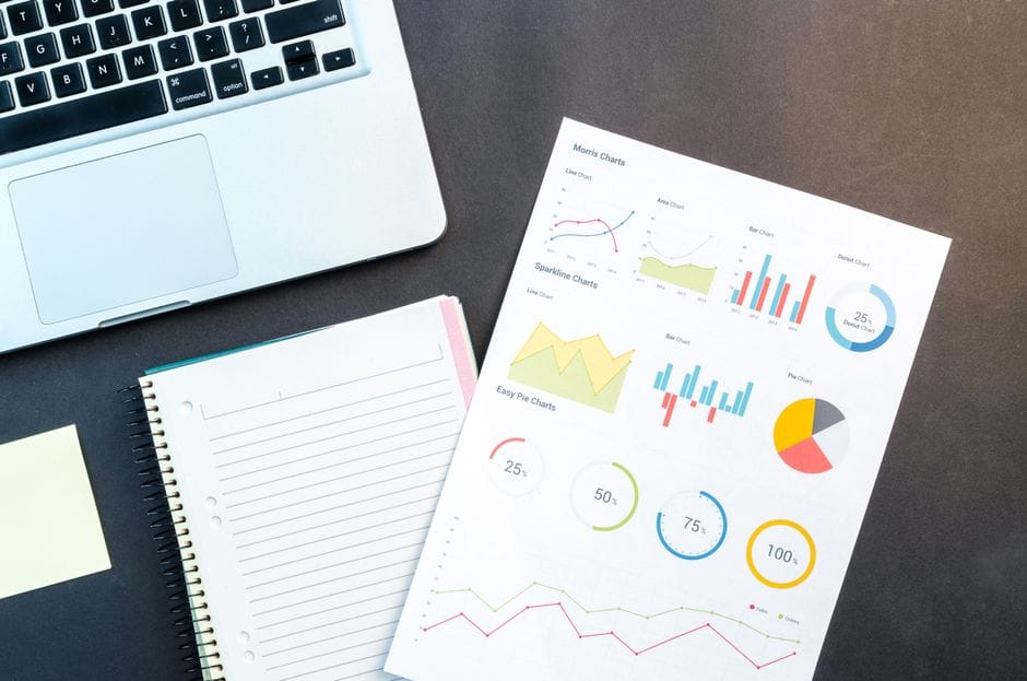 Vue aérienne d'un rapport d'affaires avec des graphiques colorés, un carnet et un ordinateur portable pour l'analyse des données sur un bureau.