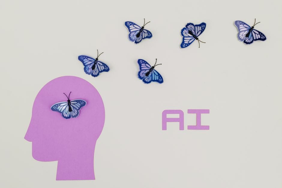 Art conceptuel surréaliste en IA mettant en vedette des papillons et une silhouette de tête humaine dans un style minimaliste.